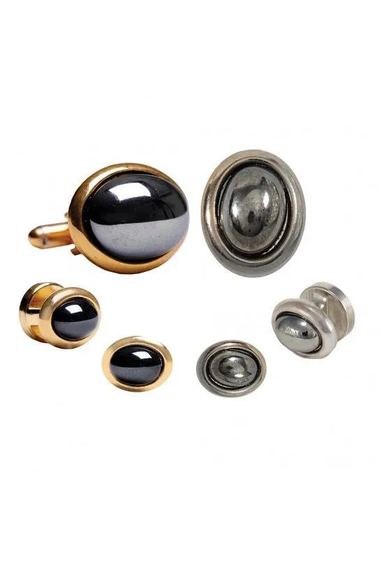 Hematite Oval Beveled Edge Studs and Cufflinks Set