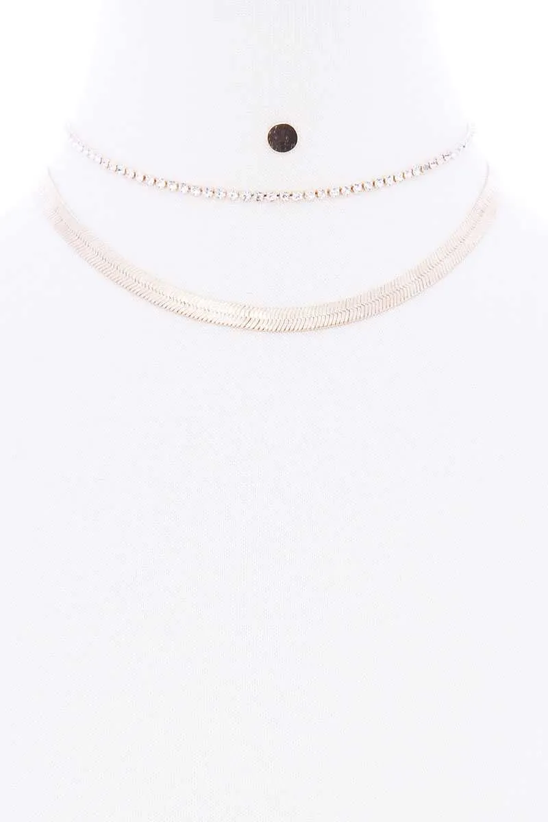 Herringbone Rhinestone Chain 2 Layered Necklace Earring Set