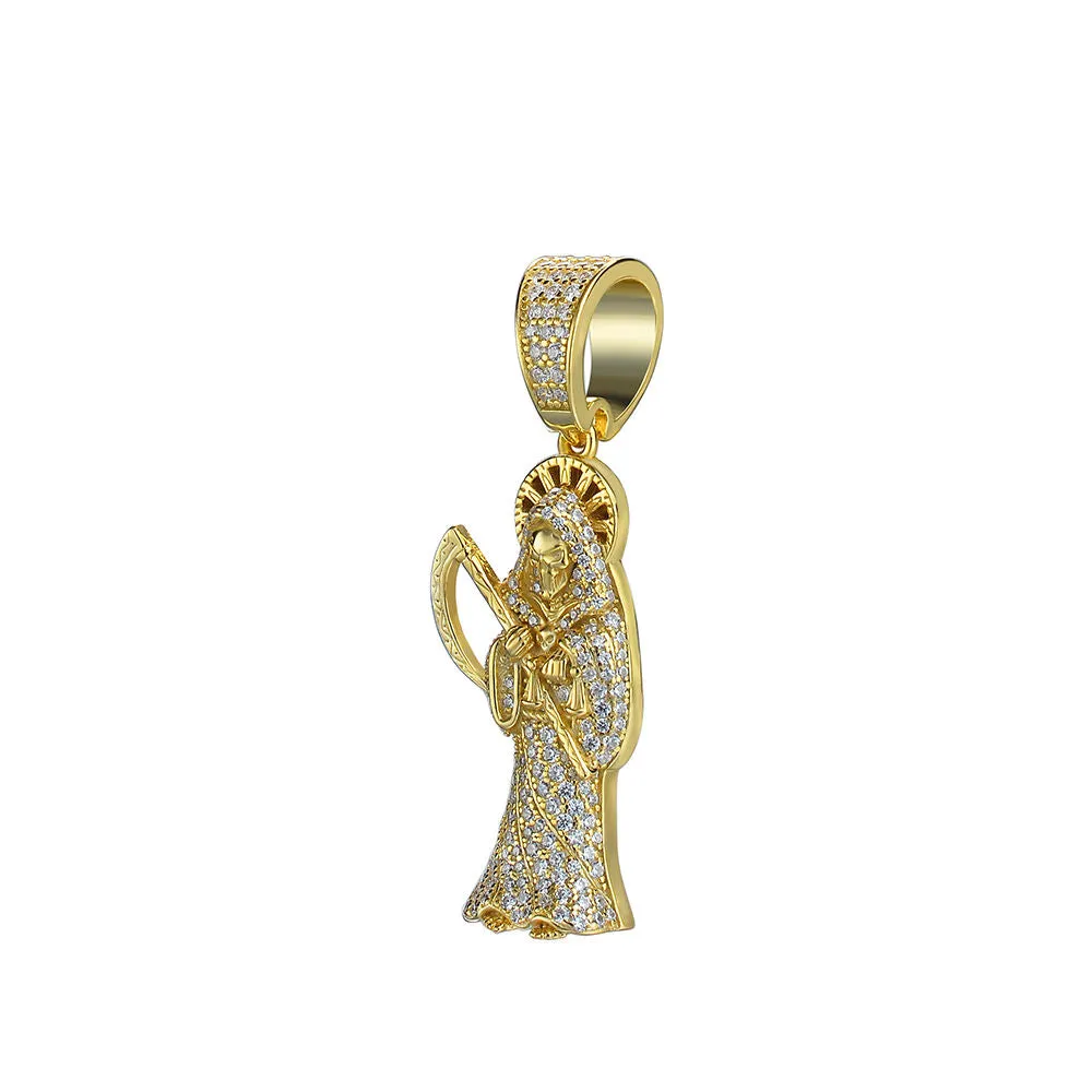 Hiphop CZ Diamond Death Reaper Pendant Necklace 14K Gold Plated Iced Out Grim Reaper Necklace Mens Jewelry