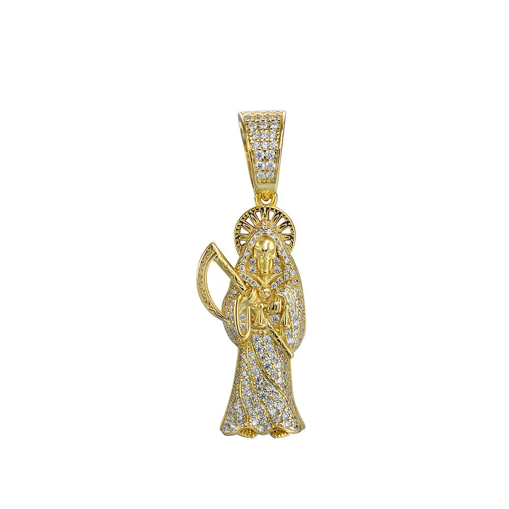 Hiphop CZ Diamond Death Reaper Pendant Necklace 14K Gold Plated Iced Out Grim Reaper Necklace Mens Jewelry