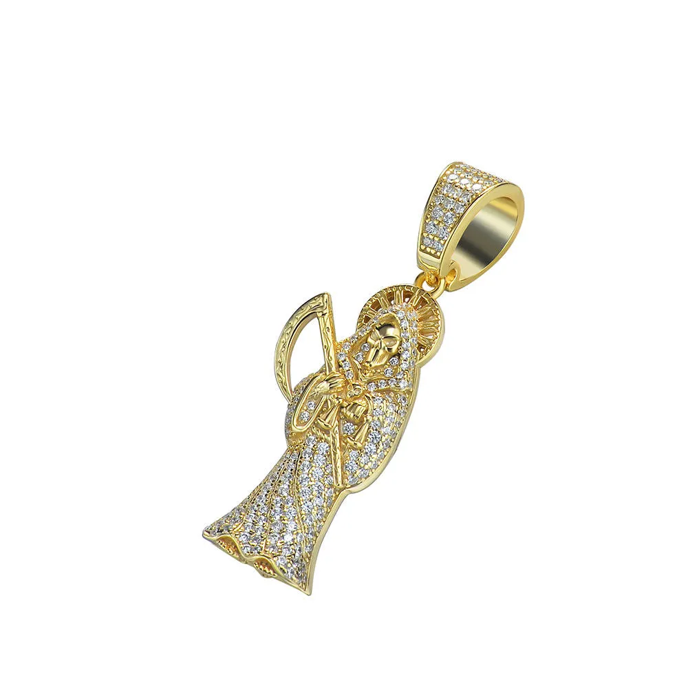 Hiphop CZ Diamond Death Reaper Pendant Necklace 14K Gold Plated Iced Out Grim Reaper Necklace Mens Jewelry