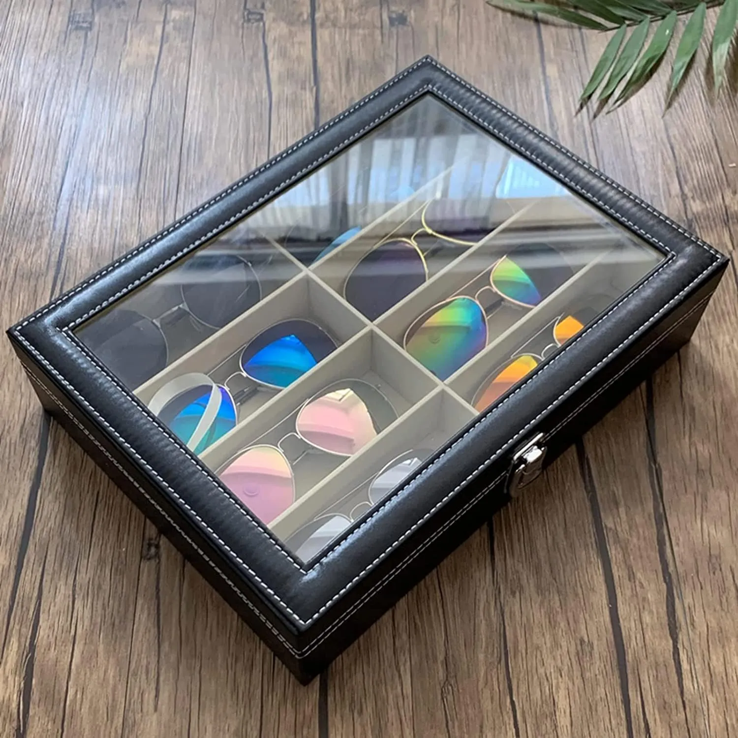 Homarket 2pcs Sunglasses Organizer, PU Leather Eyewear Organizer Sunglasses Display Case with 8 Slot, Lockable Case