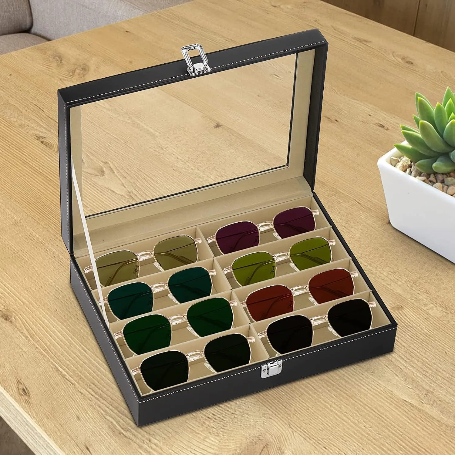 Homarket 2pcs Sunglasses Organizer, PU Leather Eyewear Organizer Sunglasses Display Case with 8 Slot, Lockable Case