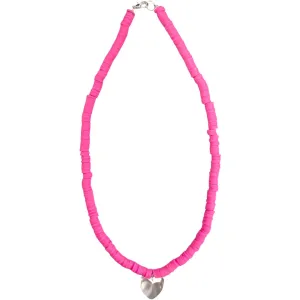 Hot Pink Beaded Necklace - Clear Heart