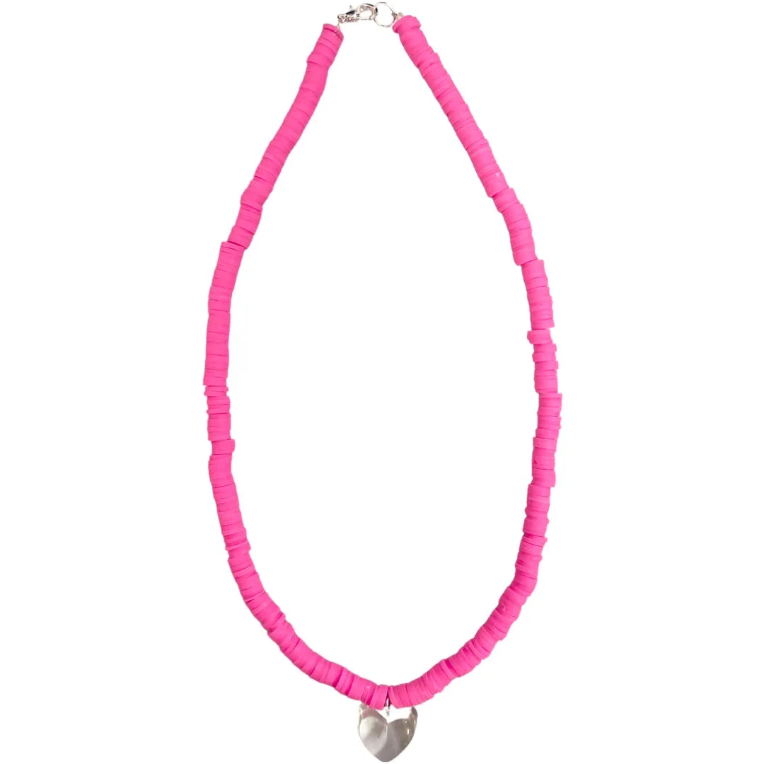 Hot Pink Beaded Necklace - Clear Heart