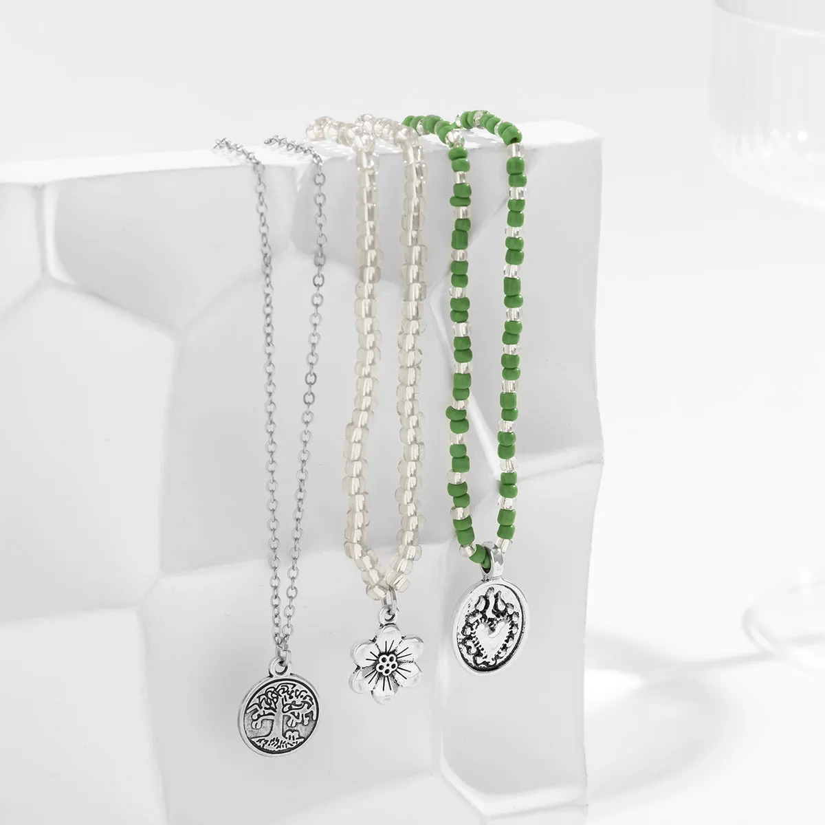 Howlite Howlite & Silver-Plated Flower Life-Tree Pendant Necklace Set