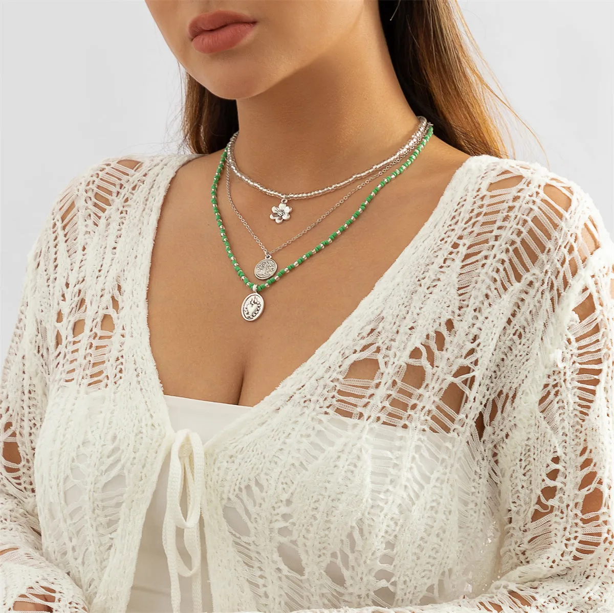 Howlite Howlite & Silver-Plated Flower Life-Tree Pendant Necklace Set