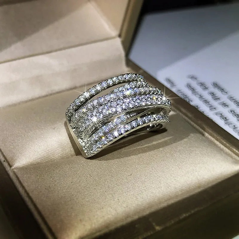 Inlaid White Sapphire Engagement Ring For Women silver Eternity Band Jewelry