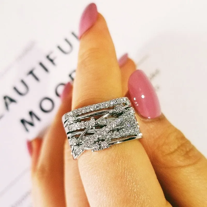 Inlaid White Sapphire Engagement Ring For Women silver Eternity Band Jewelry
