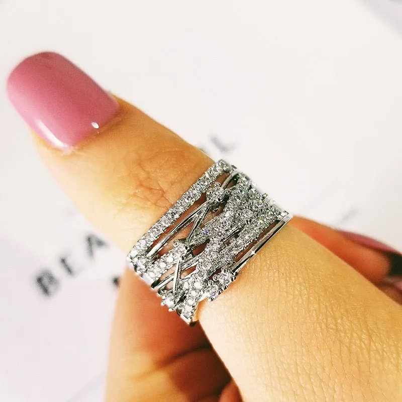 Inlaid White Sapphire Engagement Ring For Women silver Eternity Band Jewelry