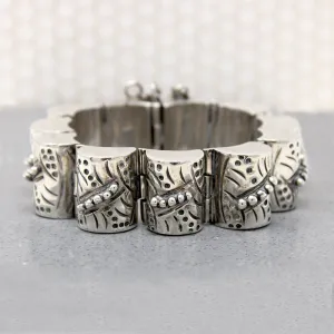 Interesting Engraved & Beaded Silver Mexican Bracelet