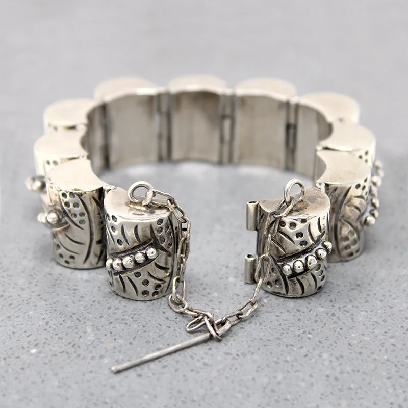 Interesting Engraved & Beaded Silver Mexican Bracelet