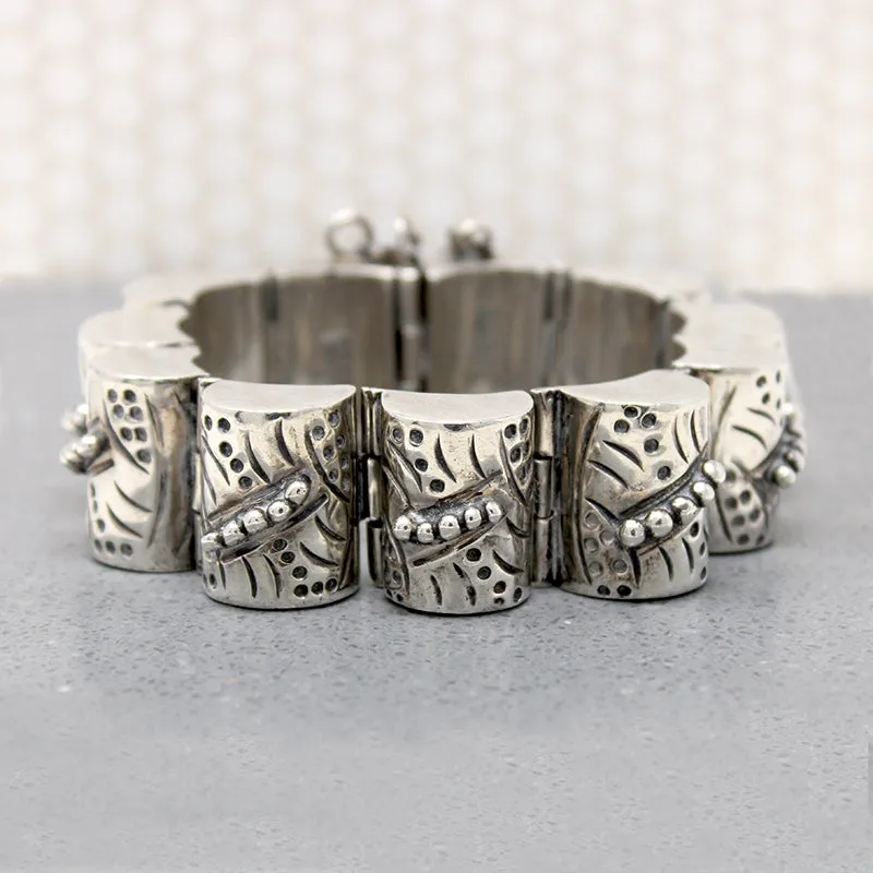 Interesting Engraved & Beaded Silver Mexican Bracelet