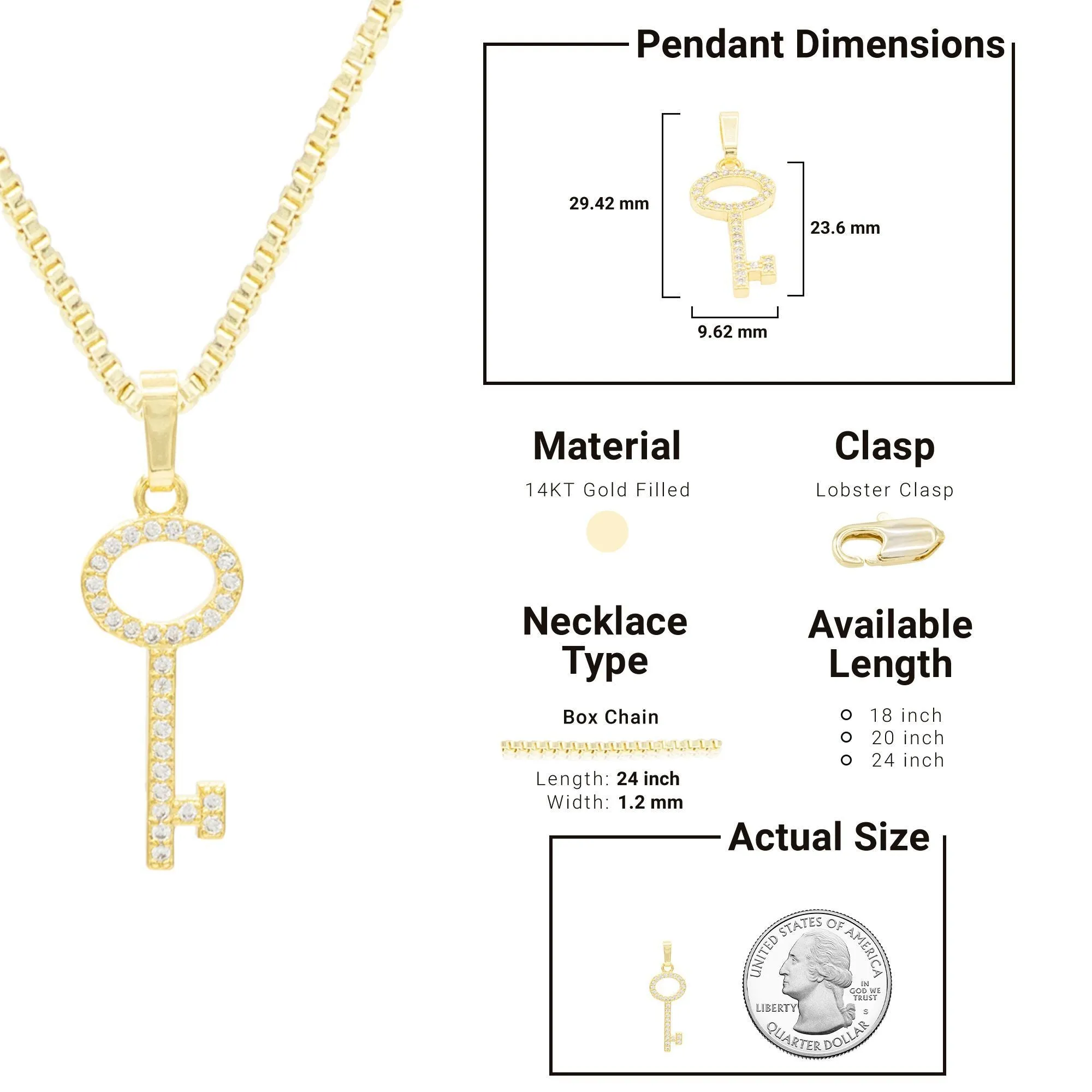 Key Cubic Zirconia Pendant With Necklace Set 14K Gold Filled