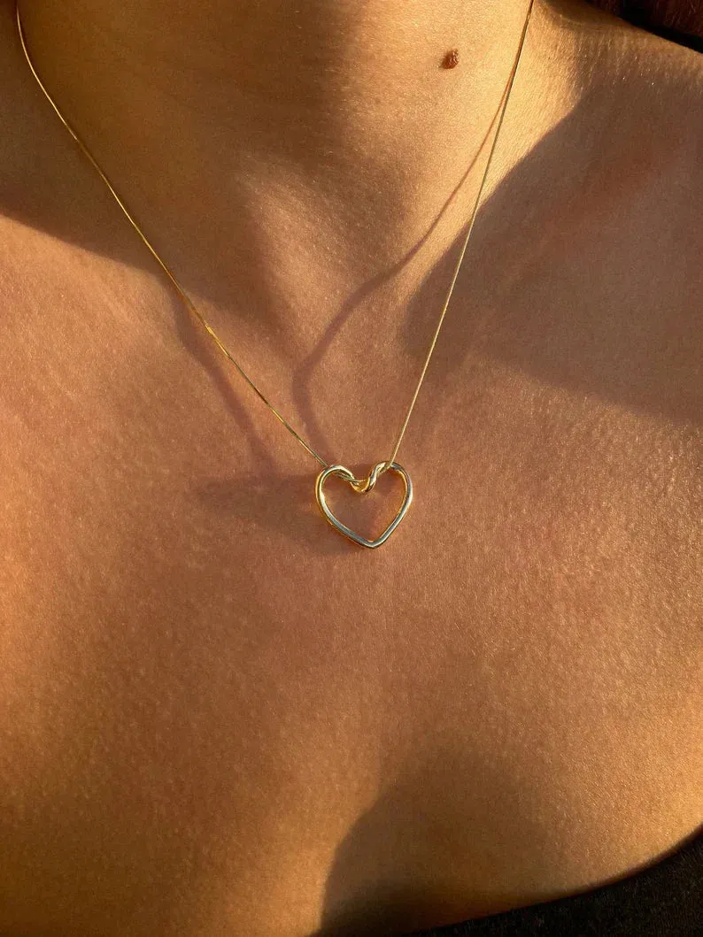 Knot Heart Necklace   Long Hammered Heart Earring Combo