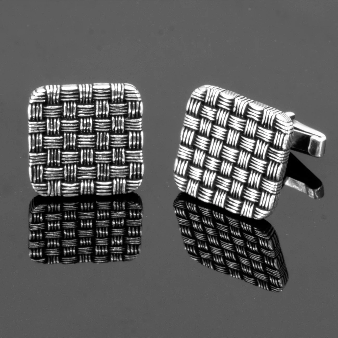 Large Knit Design Square Shape Sterling Silver Cufflink