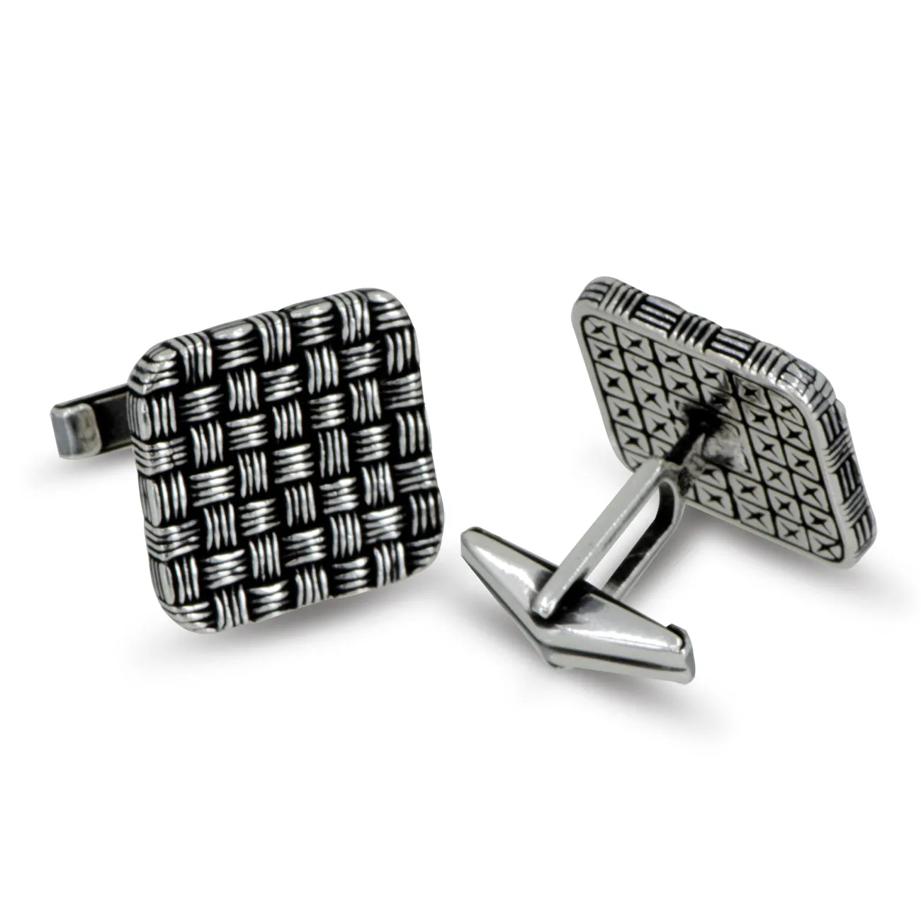 Large Knit Design Square Shape Sterling Silver Cufflink