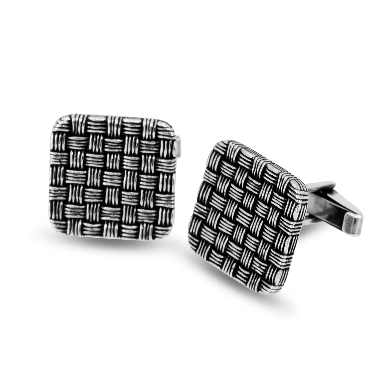 Large Knit Design Square Shape Sterling Silver Cufflink