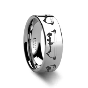 Laser Engraved Bow Archery Design Flat Tungsten Carbide Everyday Ring for Men and Women - 4MM - 12MM