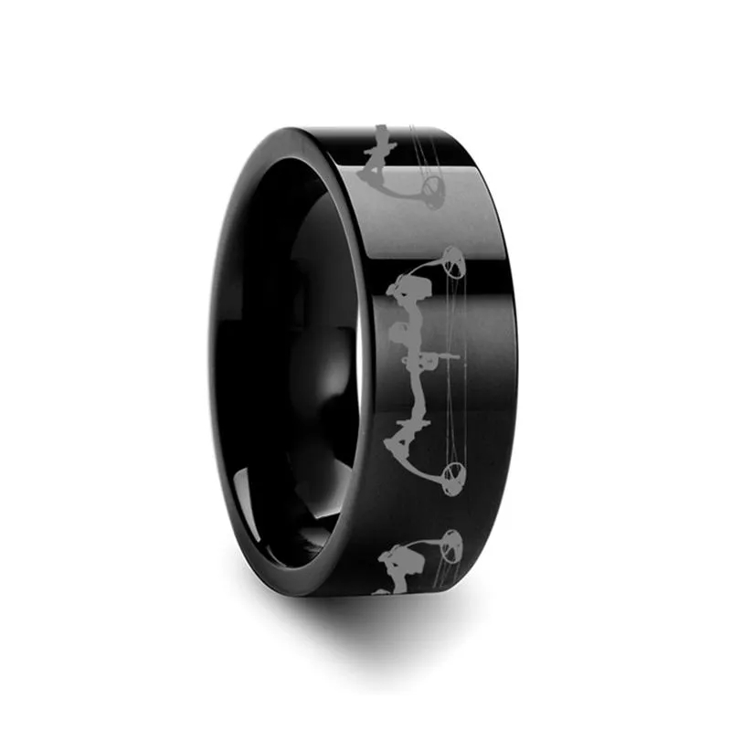 Laser Engraved Bow Archery Design Flat Tungsten Carbide Everyday Ring for Men and Women - 4MM - 12MM