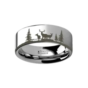 Laser Engraved Deer Stag Mountain Range Flat Tungsten Couple Matching Ring - 4MM - 12MM