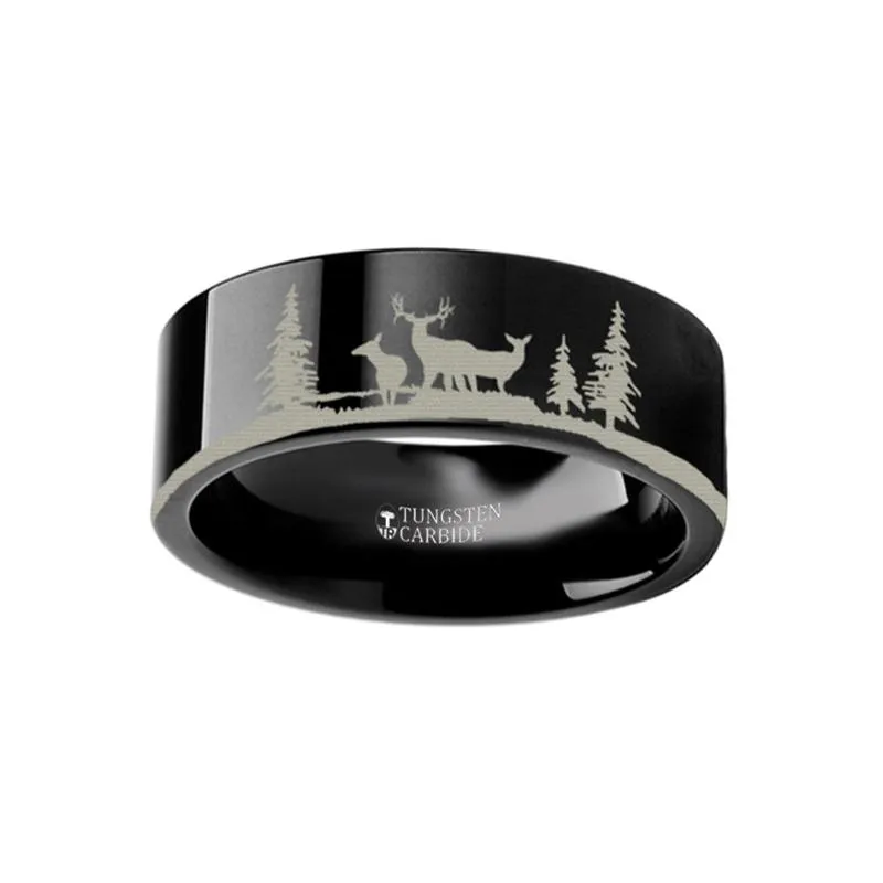Laser Engraved Deer Stag Mountain Range Flat Tungsten Couple Matching Ring - 4MM - 12MM