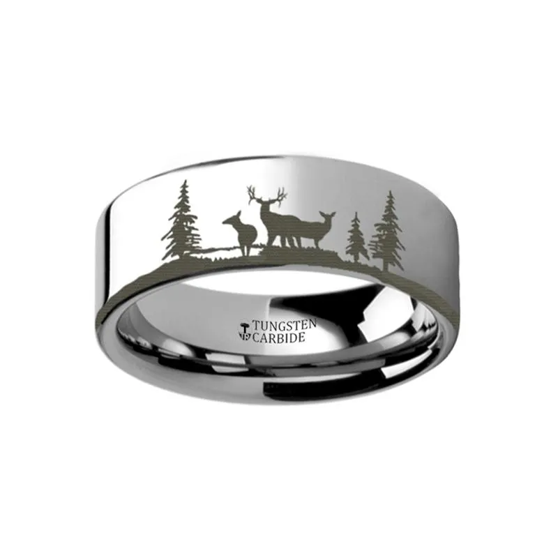 Laser Engraved Deer Stag Mountain Range Flat Tungsten Couple Matching Ring - 4MM - 12MM