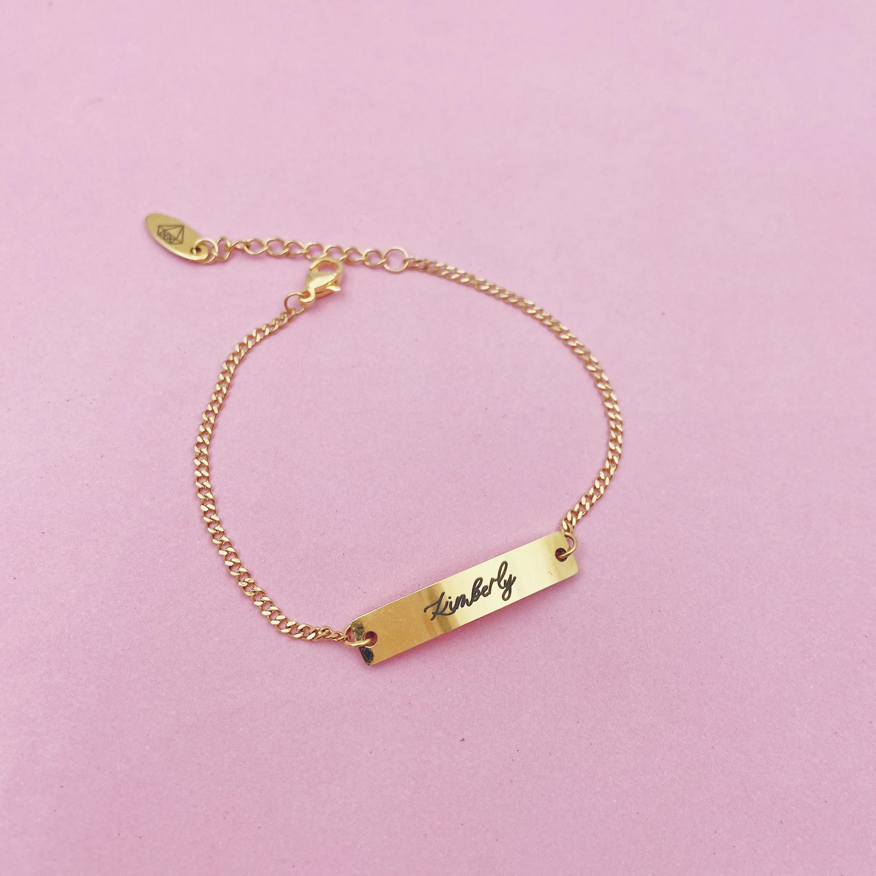 Lazer Engraved Custom Bar with Thin Curb Chain Bracelet