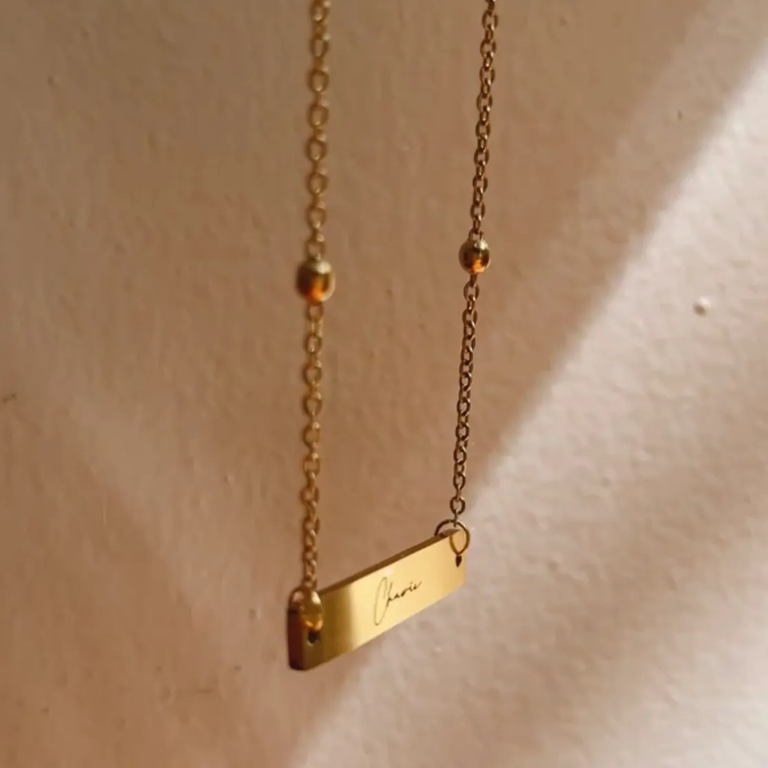 Lazer Engraved Horizontal Bar Beaded Chain Necklace