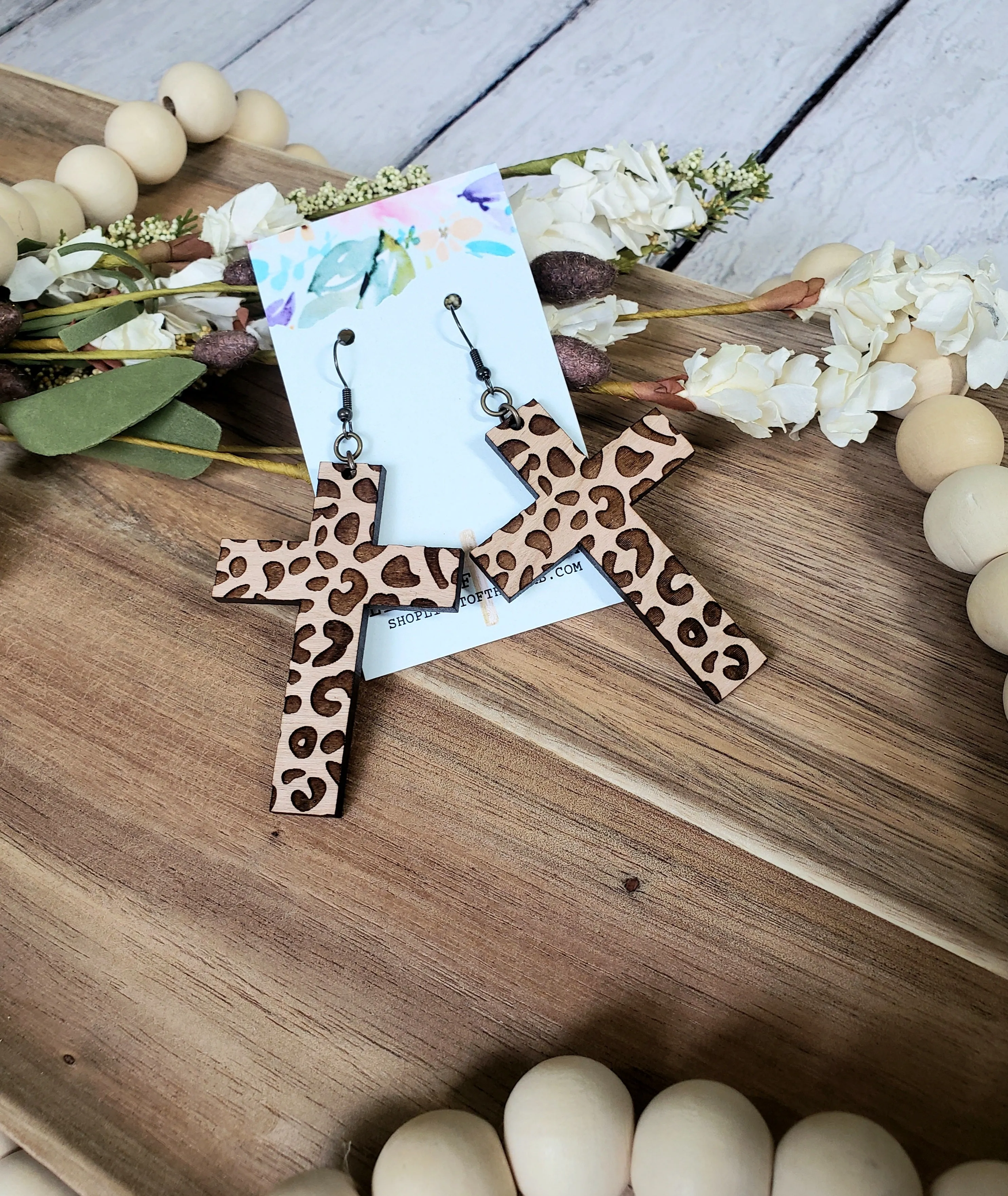 Leopard Engraved Cross Earrings