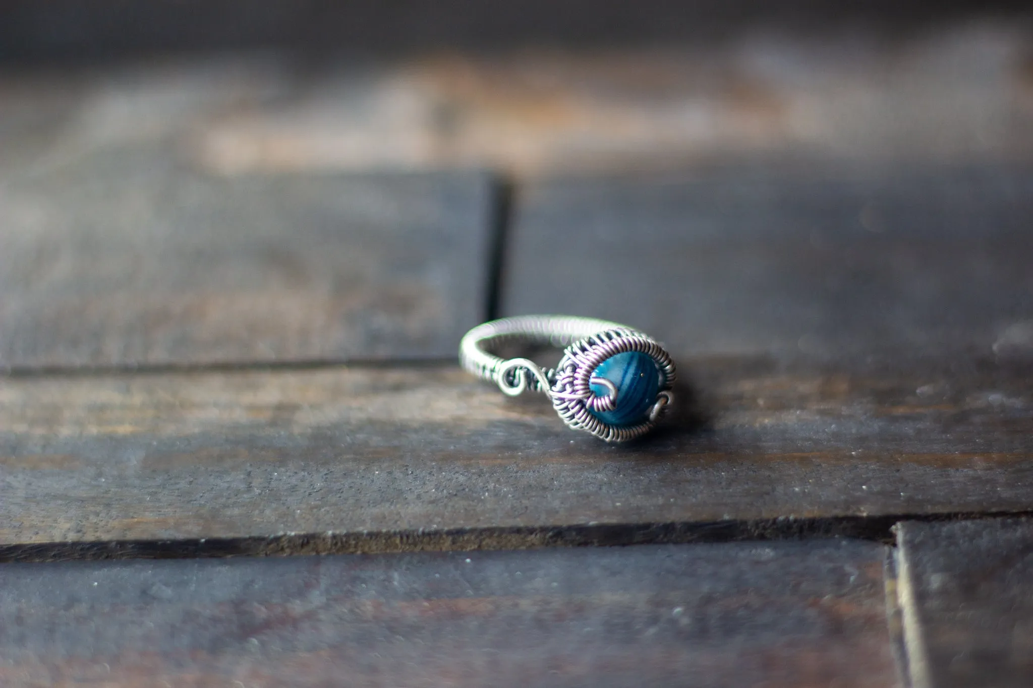 Light Glittery Blue Fused Glass and Sterling Silver Wire Wrapped Ring