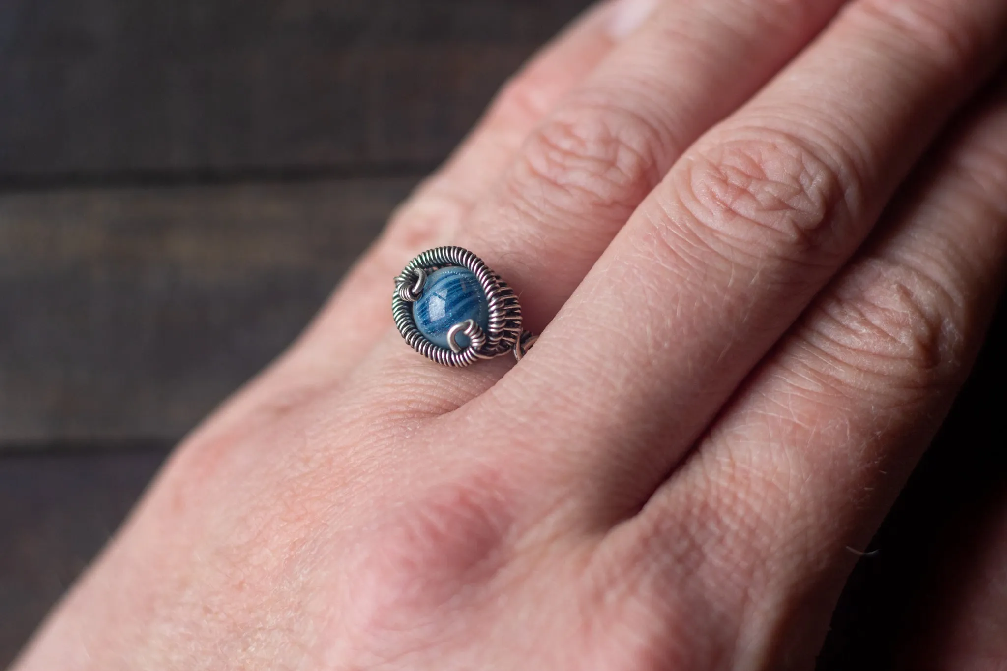 Light Glittery Blue Fused Glass and Sterling Silver Wire Wrapped Ring