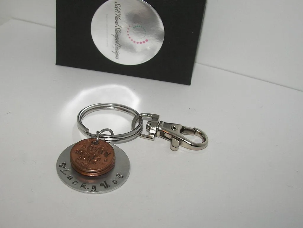 Lucky Us with name and year penny keychain , personalized penny jewelry , custom handstamped jewelry and keychainshandstamped jewelry