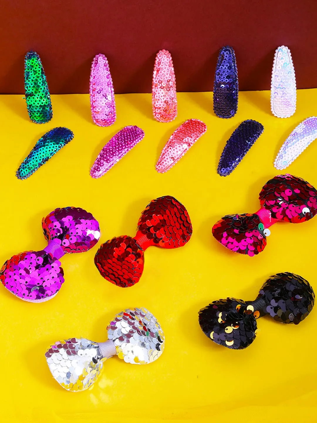 Melbees by Yellow Chimes Combo of Sequins Fashion Bow Hair Clips and 5 Pairs of Snap Hair Clips for Girls Kids Hair Accessories (Pack of 15), Multi-Color, Medium