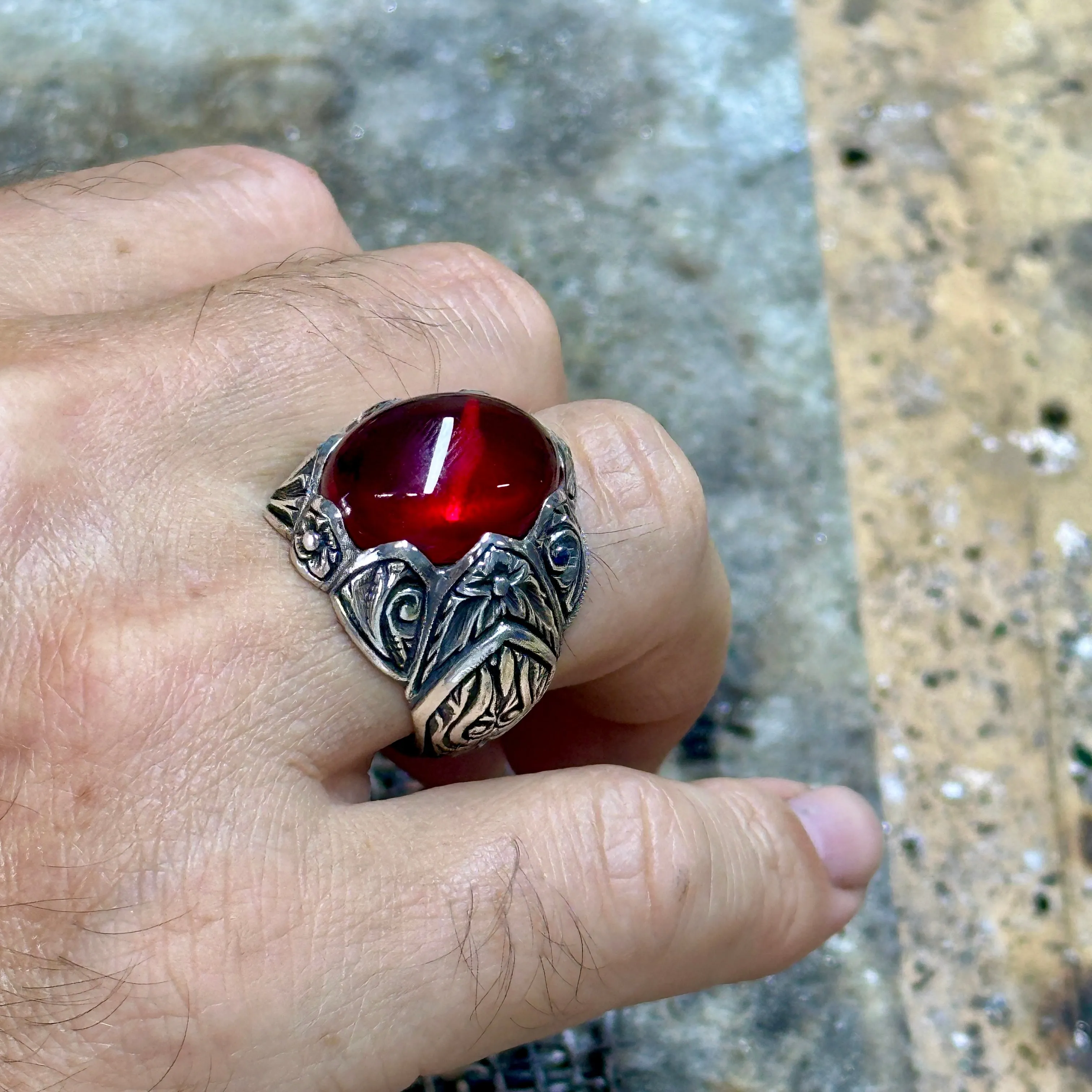 Men Handmade Engraved Red Ruby Gemstone Ring