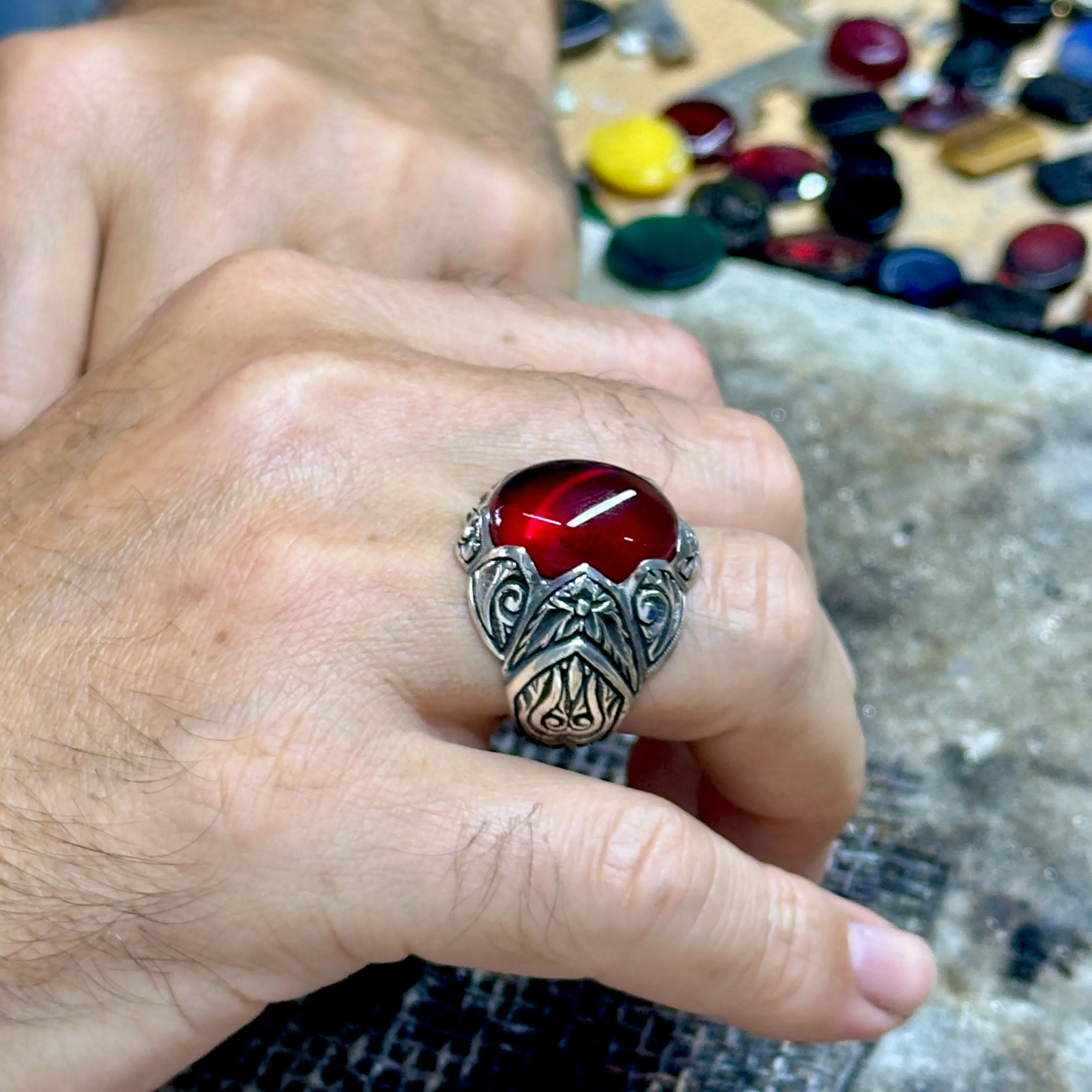 Men Handmade Engraved Red Ruby Gemstone Ring