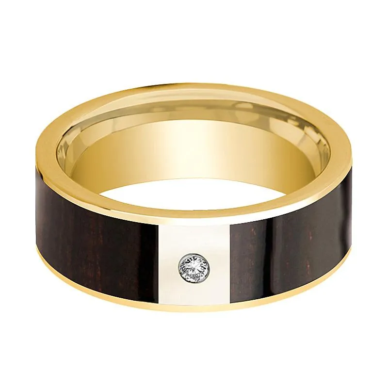 Men's Ebony Wood Inlaid 14k Gold Wedding Ring with White Diamond in Center - 8MM