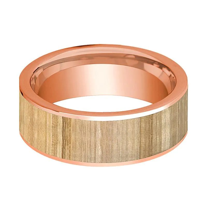 Men's Flat 14k Rose Gold Wedding Band with Ash Wood Inlay Polished Finish - 8MM