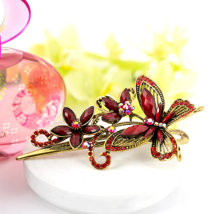 Metal Large Butterfly Style Beak Clip with Red Crystals