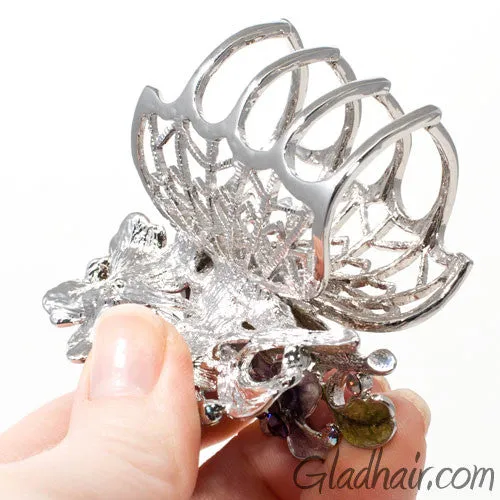 Metal Silver Web Net Style with Flowers Hair Claw with Crystals and Stones