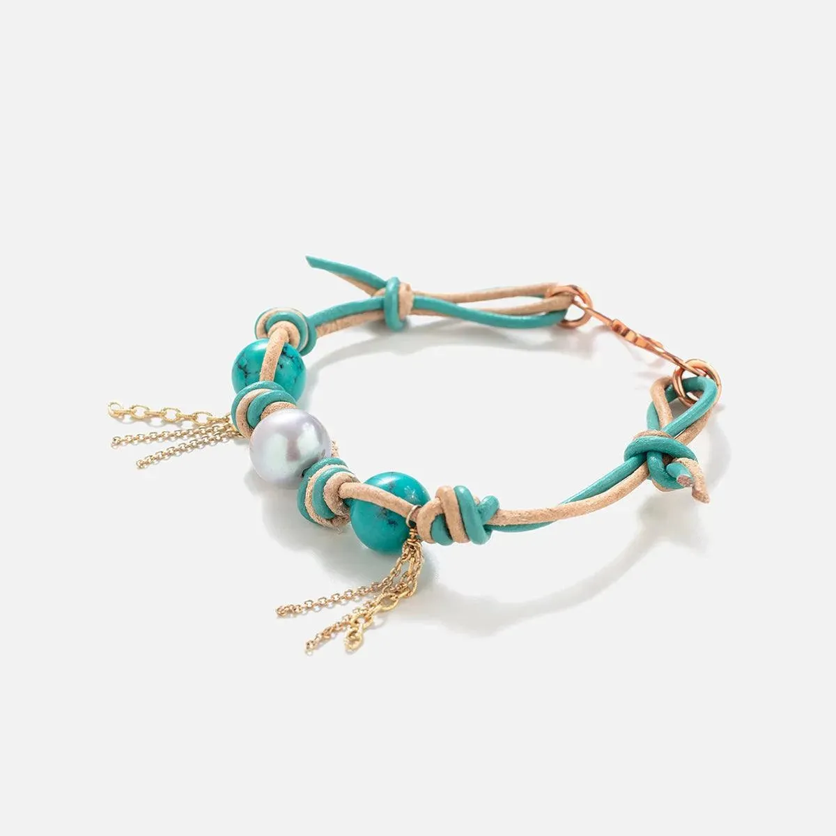 Mexican Turquoise Pearl Gold Chain Rocker Leather Bracelet