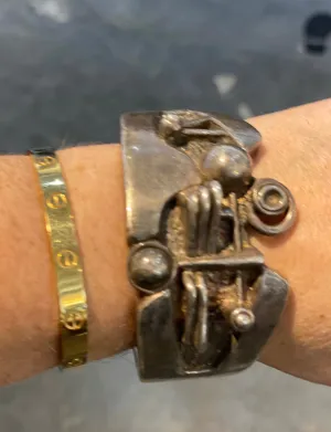 Mid Century Silver Plated Wood Bracelet Signed M star 925