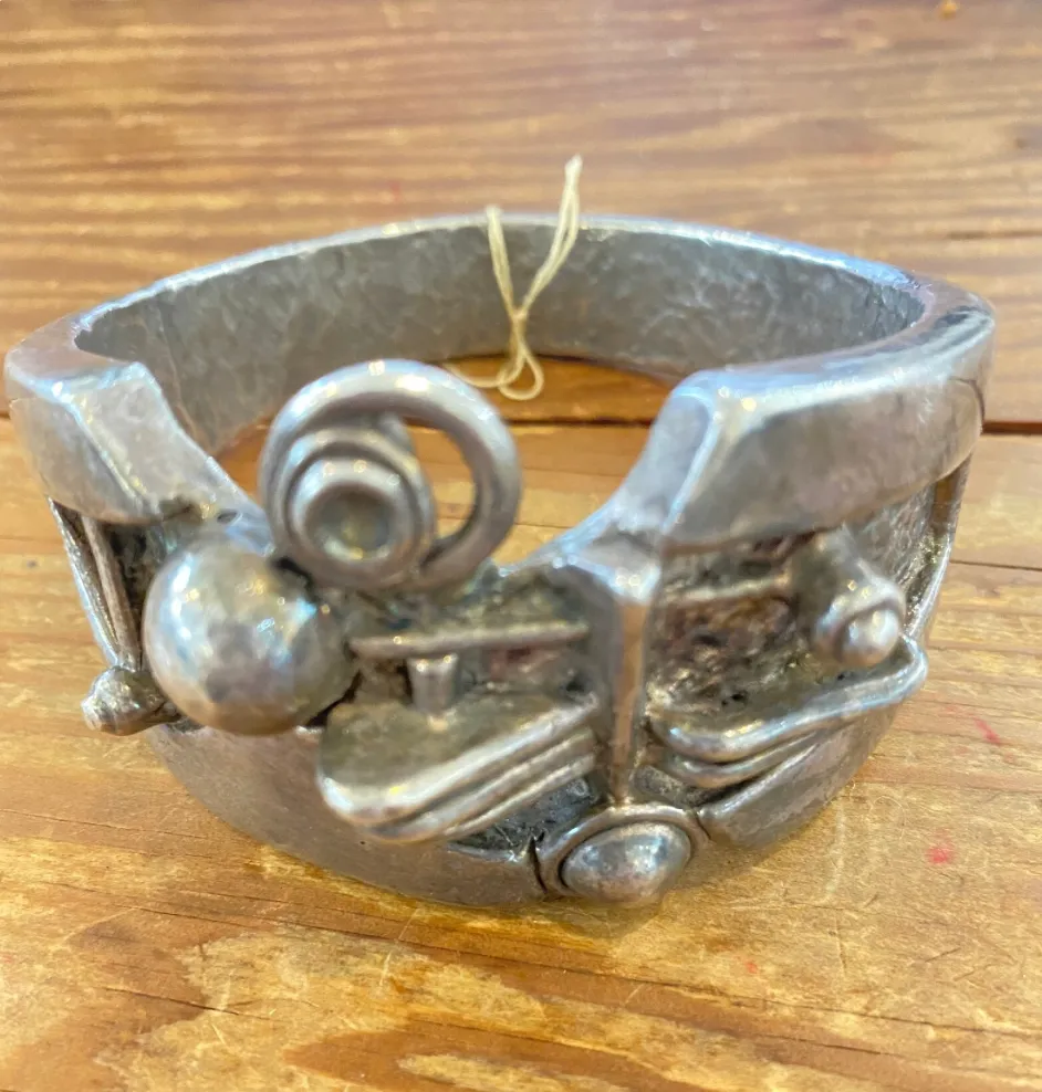 Mid Century Silver Plated Wood Bracelet Signed M star 925