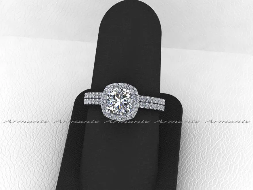 Moissanite Diamond Halo Engagement Ring Set 14K White Gold