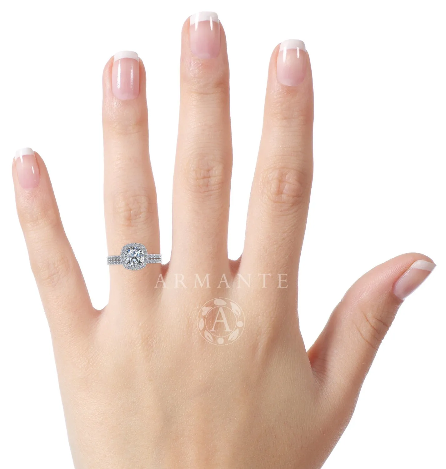 Moissanite Diamond Halo Engagement Ring Set 14K White Gold