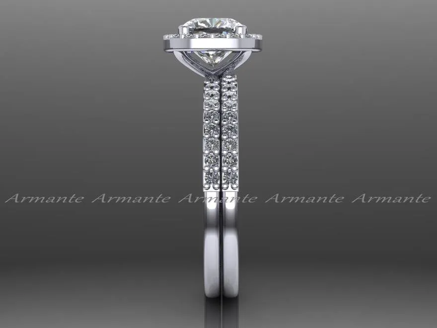 Moissanite Diamond Halo Engagement Ring Set 14K White Gold