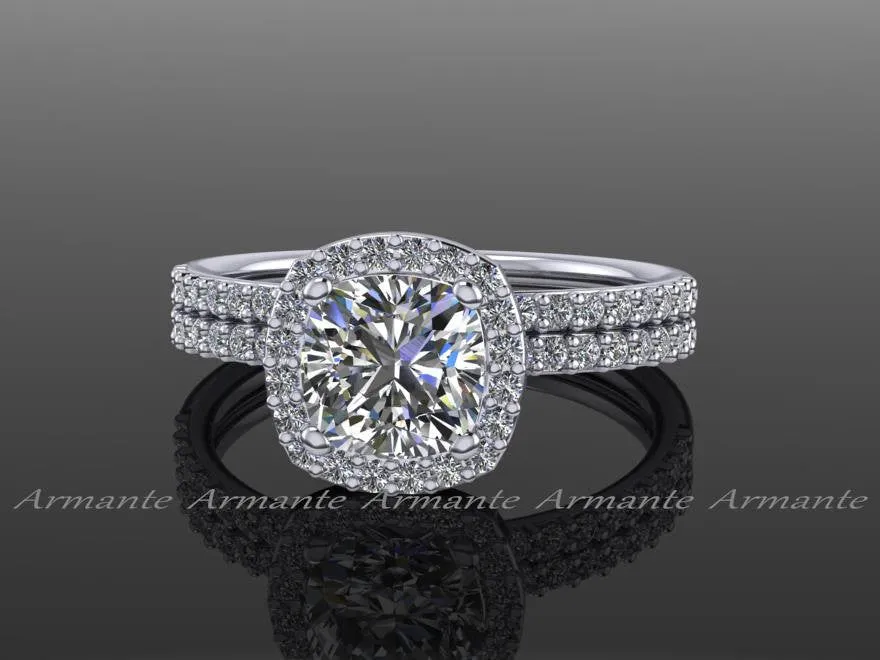 Moissanite Diamond Halo Engagement Ring Set 14K White Gold
