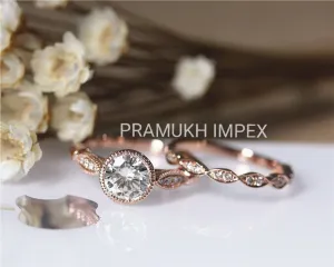 Moissanite Wedding Set Solid 14k Gold cluster vintage promise Round Diamond Bridal Sets For Women Anniversary Ring set  1.26TCW