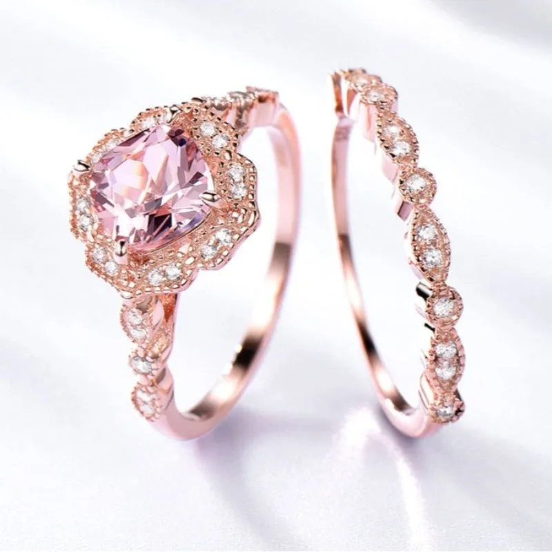 Morganite Engagement Ring Set 10K Rose Gold Women Wedding Jewelry