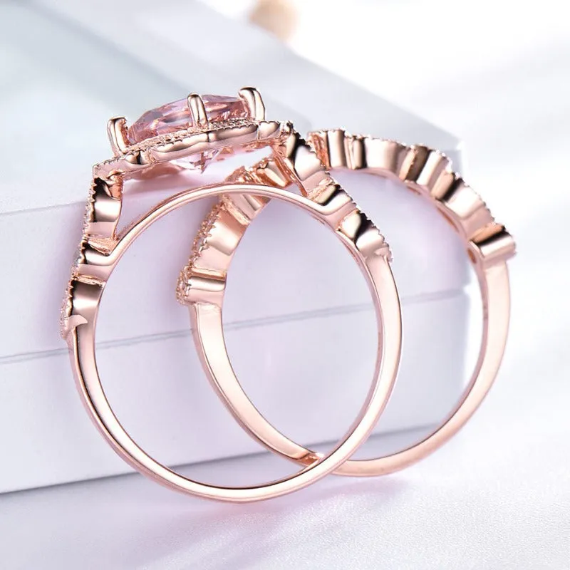 Morganite Engagement Ring Set 10K Rose Gold Women Wedding Jewelry